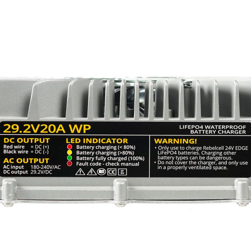 Rebelcell 29,2V 20A vedenpitävä LiFePO4 akkulaturi 24V akuille