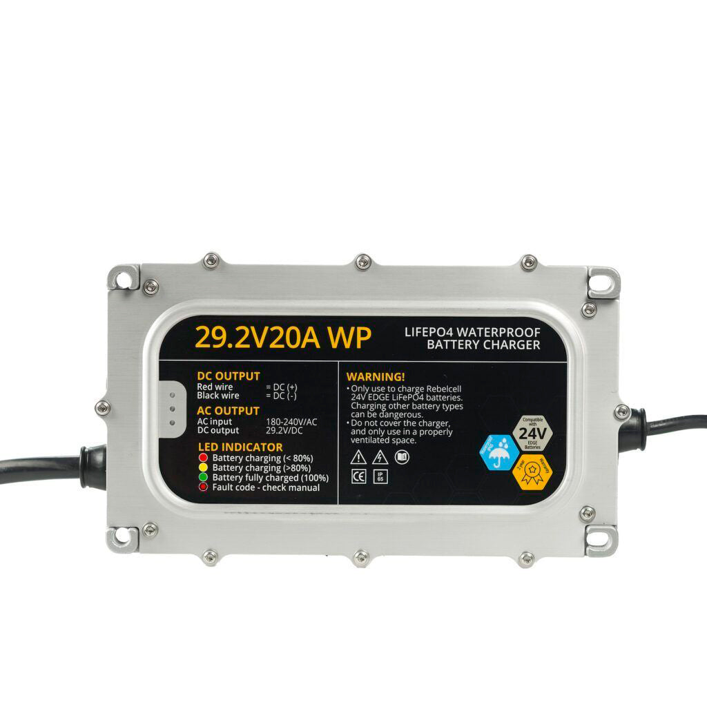 Rebelcell 29,2V 20A vedenpitävä LiFePO4 akkulaturi 24V akuille