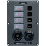Blue Sea katkaisinpaneeli 4 katkaisinta + 2 x USB + 12V