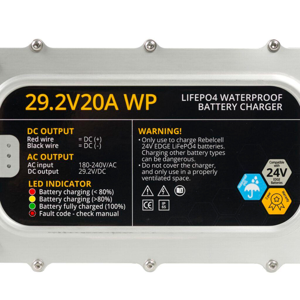 Rebelcell 29,2V 20A vedenpitävä LiFePO4 akkulaturi 24V akuille