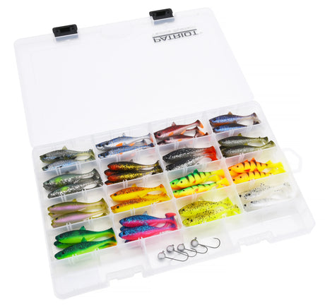 Patriot Baitfish 8 cm MEGA jigilajitelma 64 kpl + jigipäät + rasia - Happy Angler