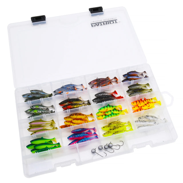 Patriot Baitfish 6 cm MEGA jigilajitelma 80 kpl + jigipäät + rasia - Happy Angler