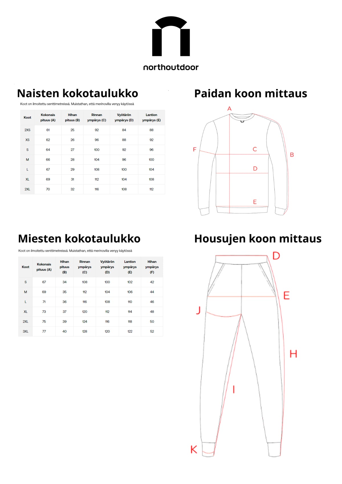 North Outdoor Size guide